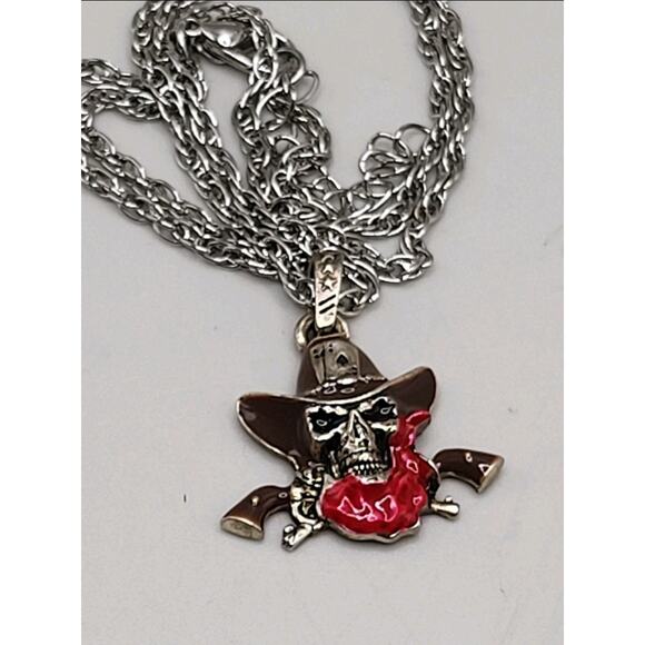 Cowboy Skull Pendant Necklace Enamel Guns Bandana Western Gothic Biker Style - Picture 1 of 11